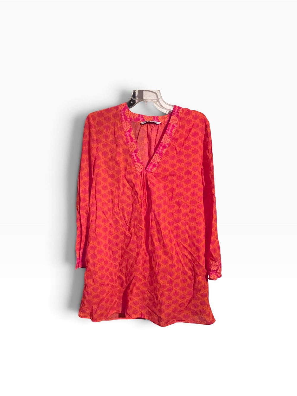 Zara Bright Pink-Orange Printed V-Neck Women's Tunic Beach Cover up Top